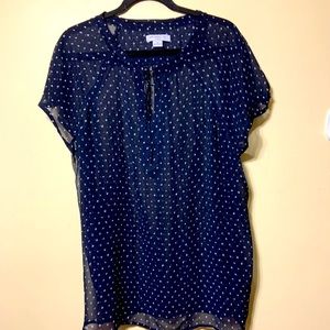 Navy thin top with white design, cap sleeved